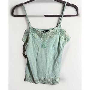 Passport Tank Top Womens M Green Camisole Lace Sequin Satin Y2K VTG Fairy‎